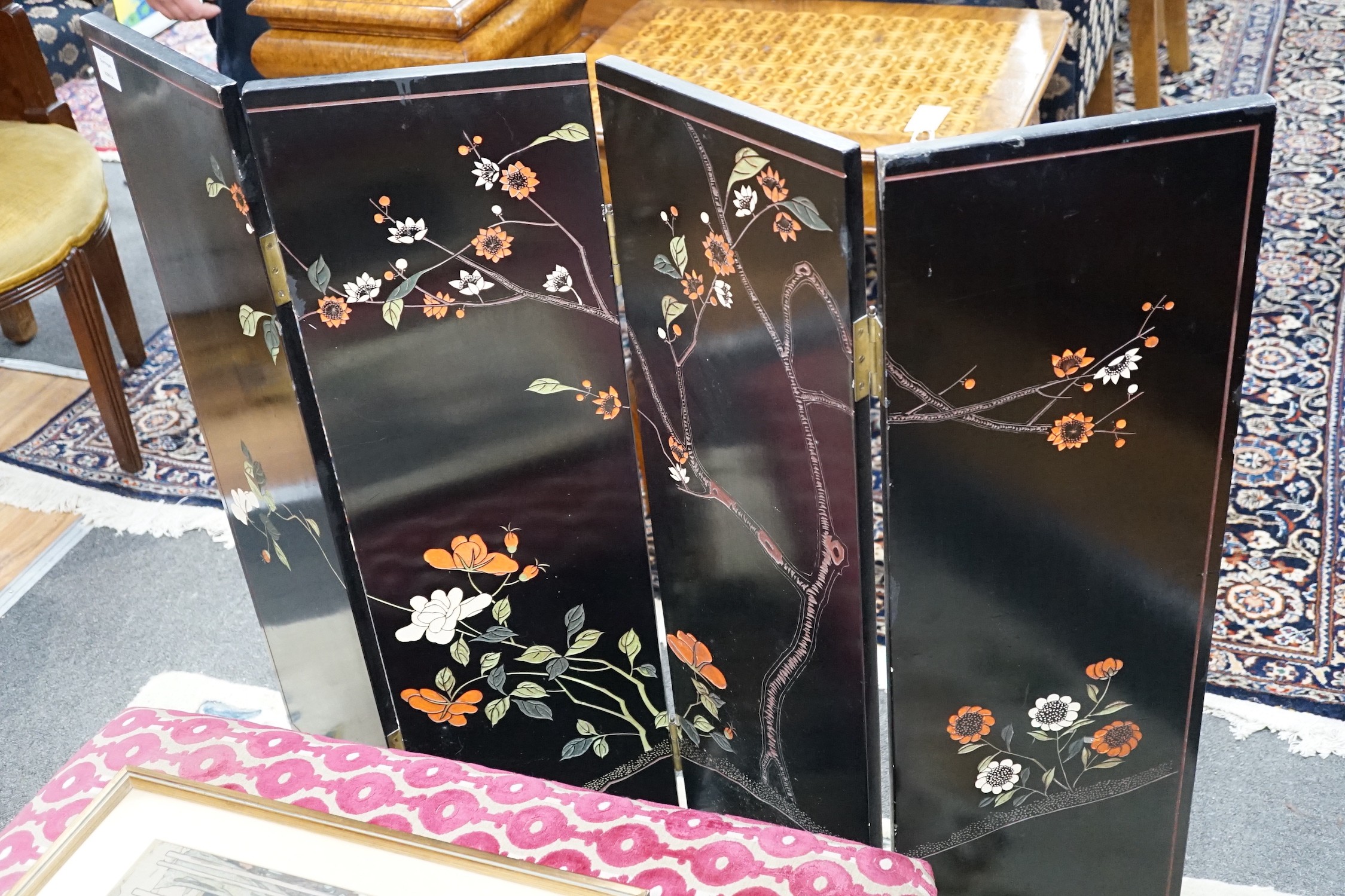 A Chinese ‘coromandel’ lacquer low four fold screen, height 92cm *Please note the sale commences at 9am.
